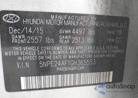 2016 Hyundai Sonata Se from USA, damaged, VIN 5NPE24AF1GH365553